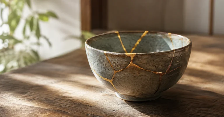 A ceramic bowl repaired with visible gold kintsugi seams on a wooden table