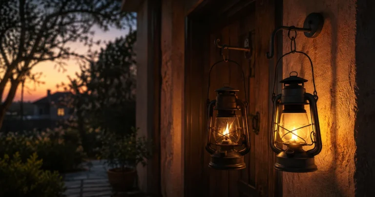 Two lanterns hanging by a door at dusk, one burning steady, one flickering