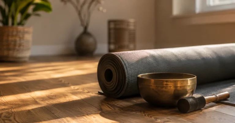 A rolled yoga mat and a small singing bowl with its mallet on a wooden floor