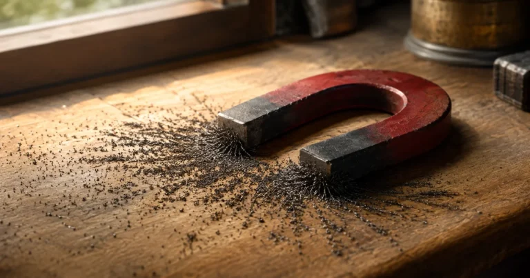 A horseshoe magnet on a workbench with iron filings clustered near its poles and scattered farther away