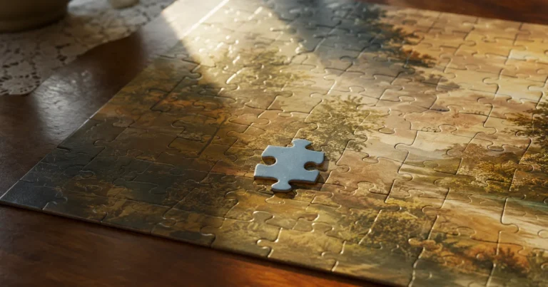 A nearly-finished jigsaw puzzle with one mismatched piece pressed into a gap it doesn't quite fit