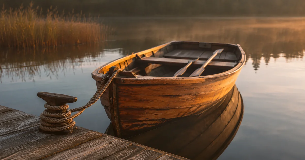A rowboat tied to a dock with its rope wound many times around the cleat, oars resting inside