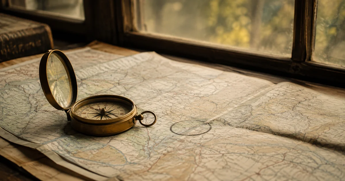 A compass on a folded map, its needle settled toward a pencil-circled spot rather than true north