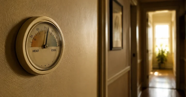 A thermostat dial on a hallway wall with its needle resting unsettled between two marked zones