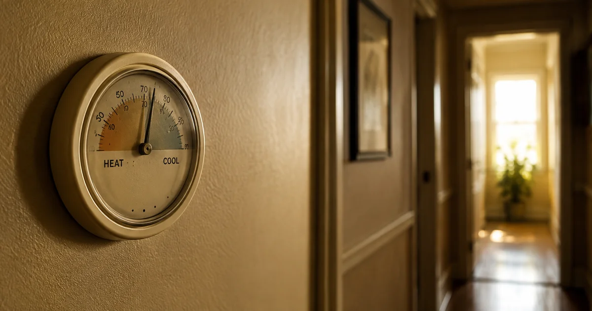 A thermostat dial on a hallway wall with its needle resting unsettled between two marked zones