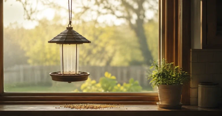An empty bird feeder outside a kitchen window with a few scattered seeds on the sill below