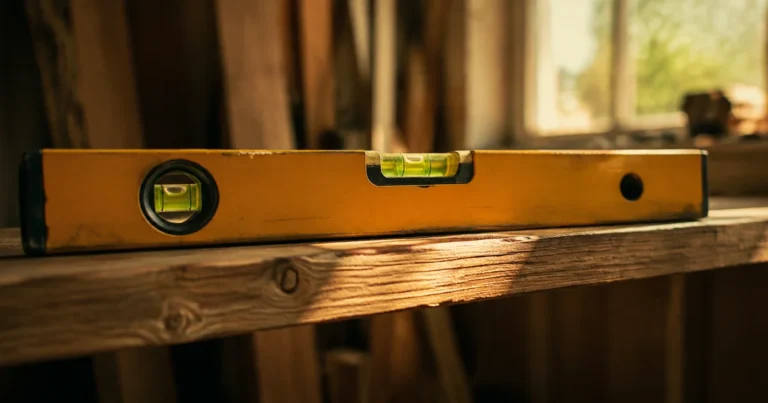 A carpenter's spirit level on an uneven wooden shelf, its bubble drifting off-center in morning light