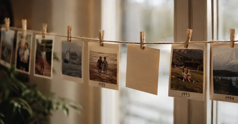 A row of dated photographs clipped to a string with wooden clothespins, one photograph turned backward