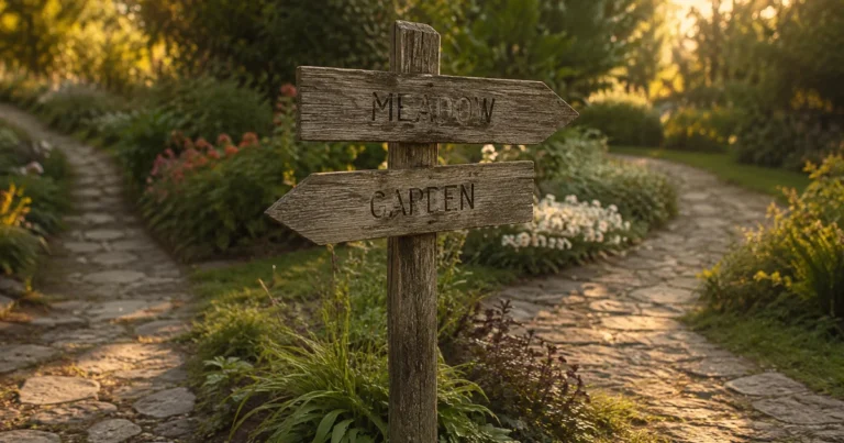 A wooden signpost at a garden path fork, its arrows angled slightly differently than the worn paths below