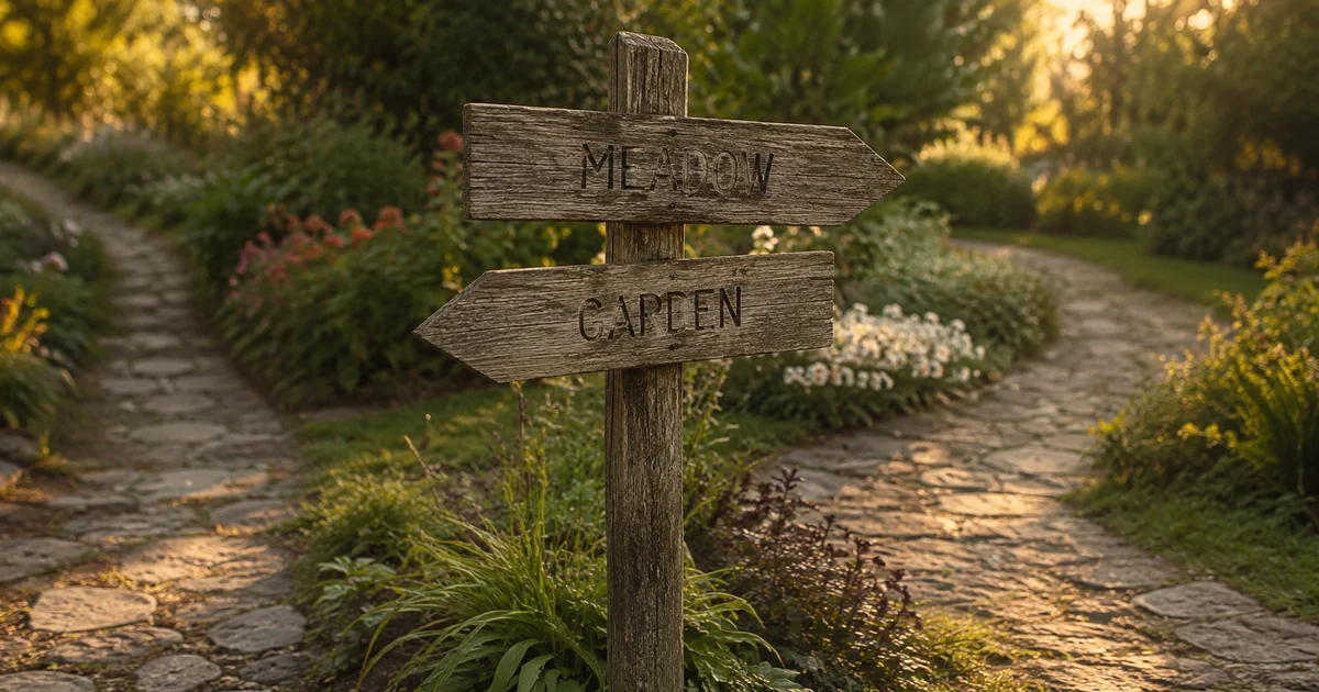 A wooden signpost at a garden path fork, its arrows angled slightly differently than the worn paths below