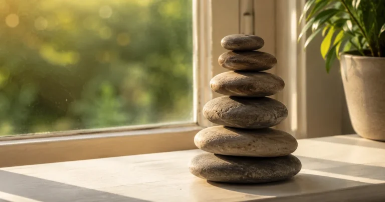 A small stack of smooth river stones balanced in careful order on a sunlit windowsill