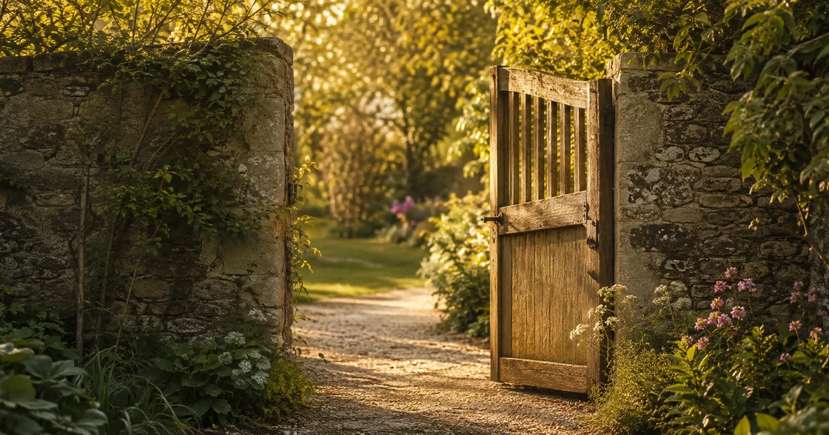 A garden gate standing unlatched and slightly ajar, opening onto a sunlit path with no hand touching it