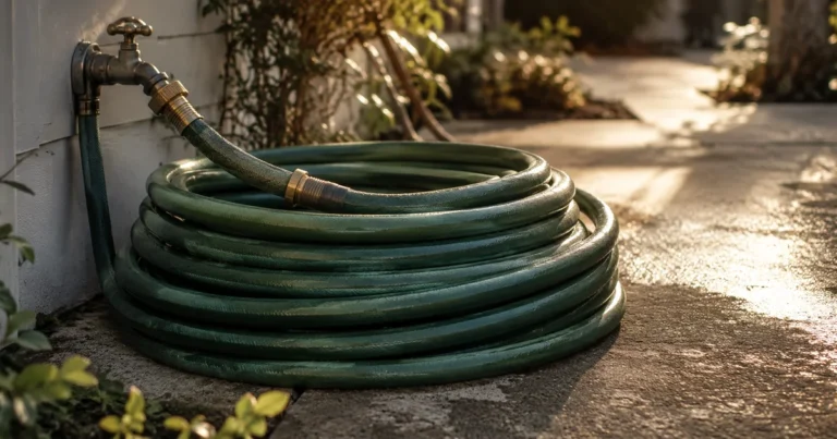 A garden hose coiled in repeating loops, its nozzle resting back against its own spigot