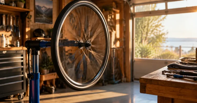 A bicycle wheel on a repair stand, still spinning on its own in a sunlit garage