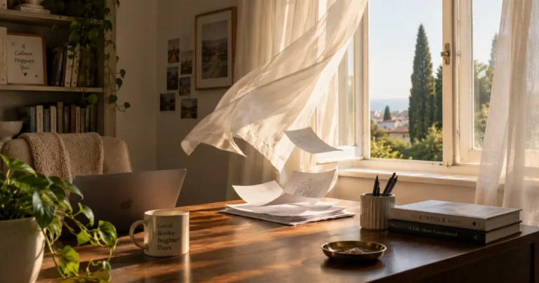 Sheer curtains billowing into a tidy room through an open window, papers lifting off a desk