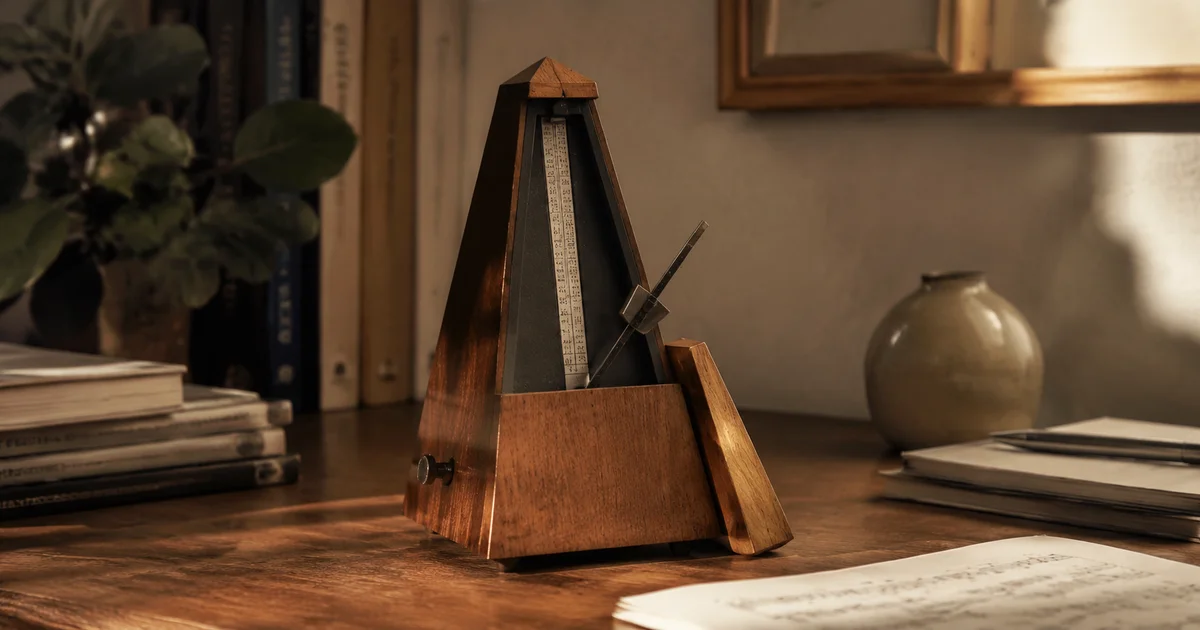 A mechanical metronome with its swinging arm stopped by a small wooden wedge
