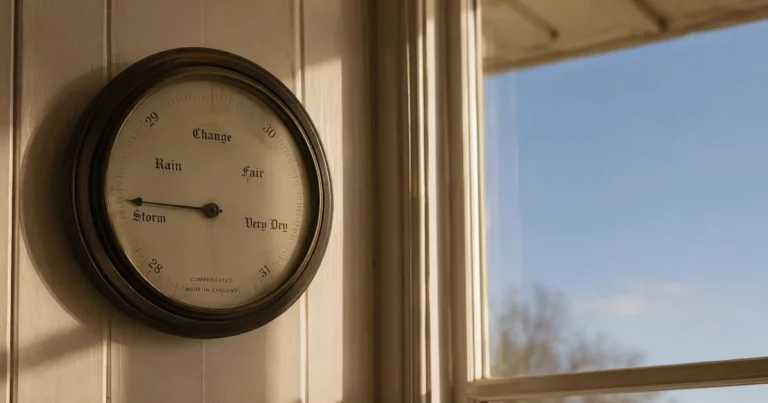 A home barometer needle pointing to Storm while a clear blue sky shows through the window behind it