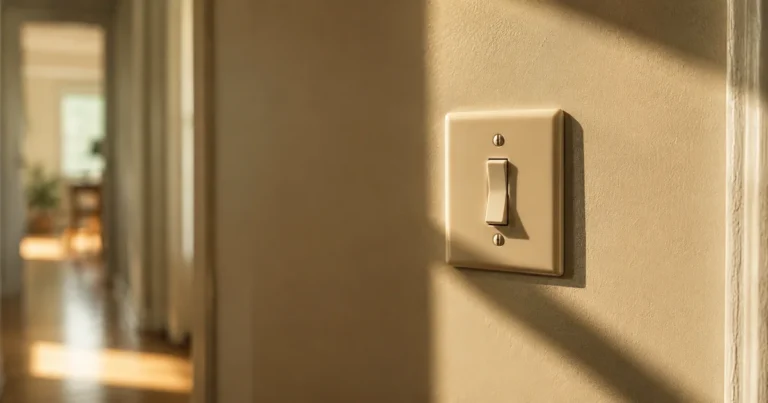 A wall-mounted light switch with only two positions, fully on or fully off, in a sunlit hallway