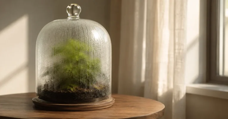 A sealed glass terrarium with condensation fogging the glass, blurring the plant inside into a soft shape