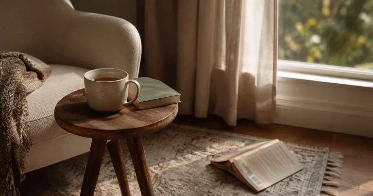 A mug of cold tea on a side table beside a reading chair, with a paperback book fallen open on the floor