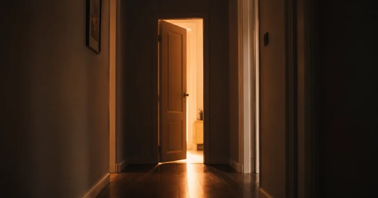 Empty hallway with a door left ajar, warm light spilling through into shadow