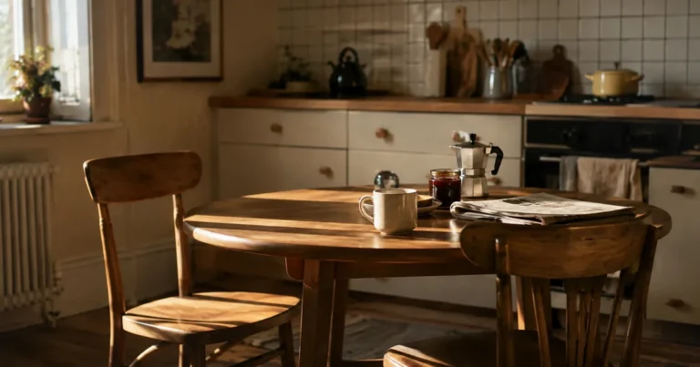 Two wooden kitchen chairs, one pushed back and empty, uneven morning light