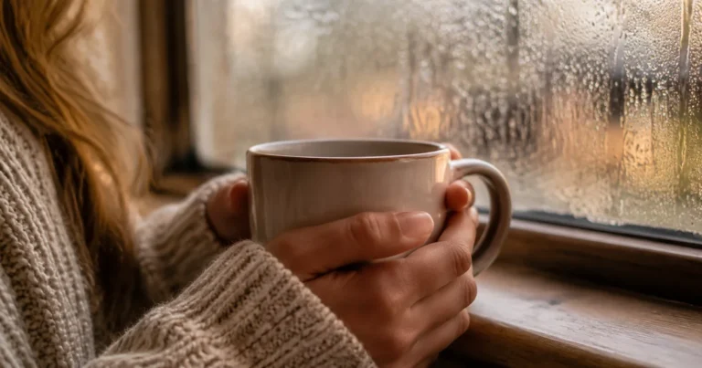 Close-up of hands wrapped around a warm mug at a window ledge, condensation on the glass