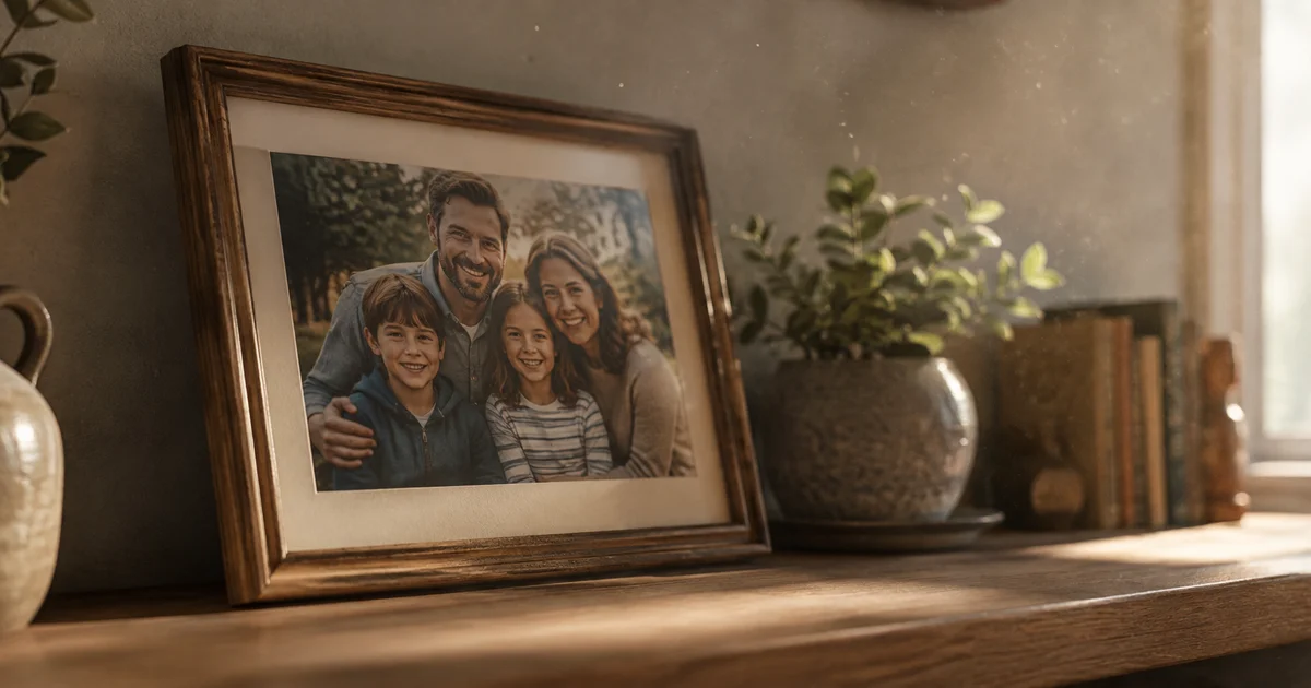 Family photograph on a shelf turned slightly toward the wall, dust motes in afternoon light