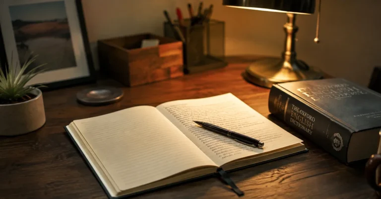 Open notebook on a desk with a pen across a half-written page, closed dictionary beside it