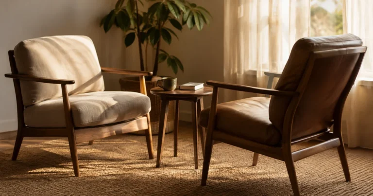 Two chairs facing each other in a quiet room, one angled toward the other, warm light