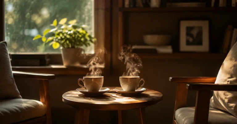 Two cups of tea steaming on a small table between two chairs, warm indoor light