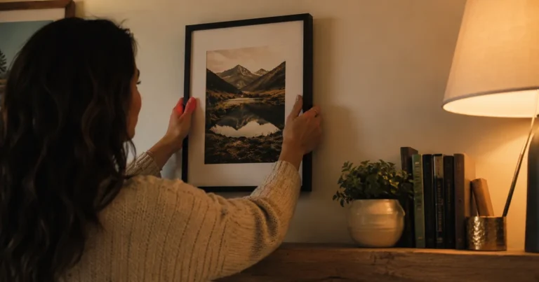 Photograph carefully placed back into its frame, hands smoothing the edge, warm lamp light