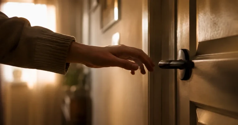 Hand resting near a door handle, pausing mid-reach, warm hallway light