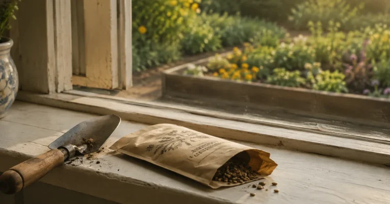 Seed packet open on a windowsill beside a trowel, garden bed visible beyond the glass