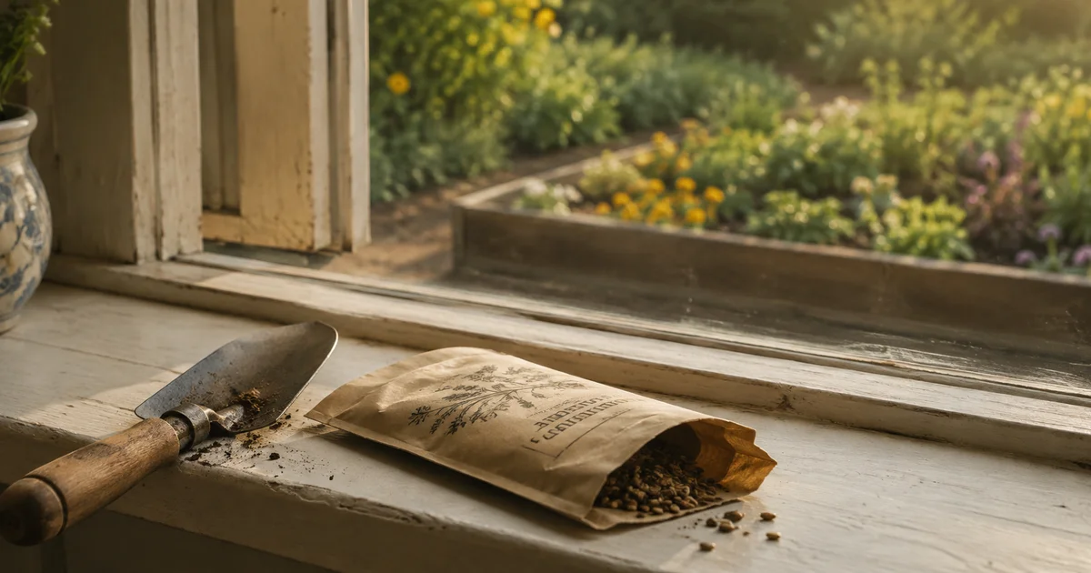Seed packet open on a windowsill beside a trowel, garden bed visible beyond the glass