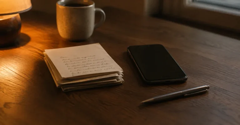 Small stack of folded notes beside a phone on a table, warm lamp light