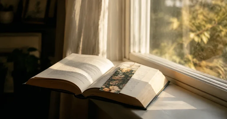 Open book with a bookmark holding a page, resting on a windowsill, soft afternoon light