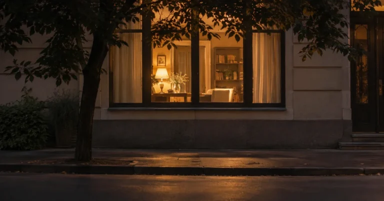 Lit window seen from across a quiet empty street at dusk