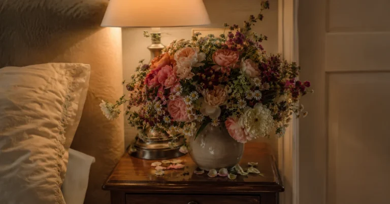 Overflowing bouquet crowding a small vase, petals spilling onto the nightstand, warm lamp light