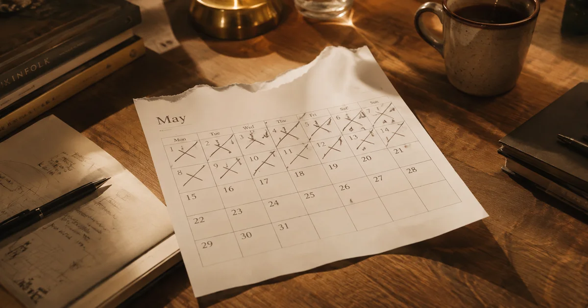 Calendar page torn from the wall with dates crossed out ahead of time, morning light