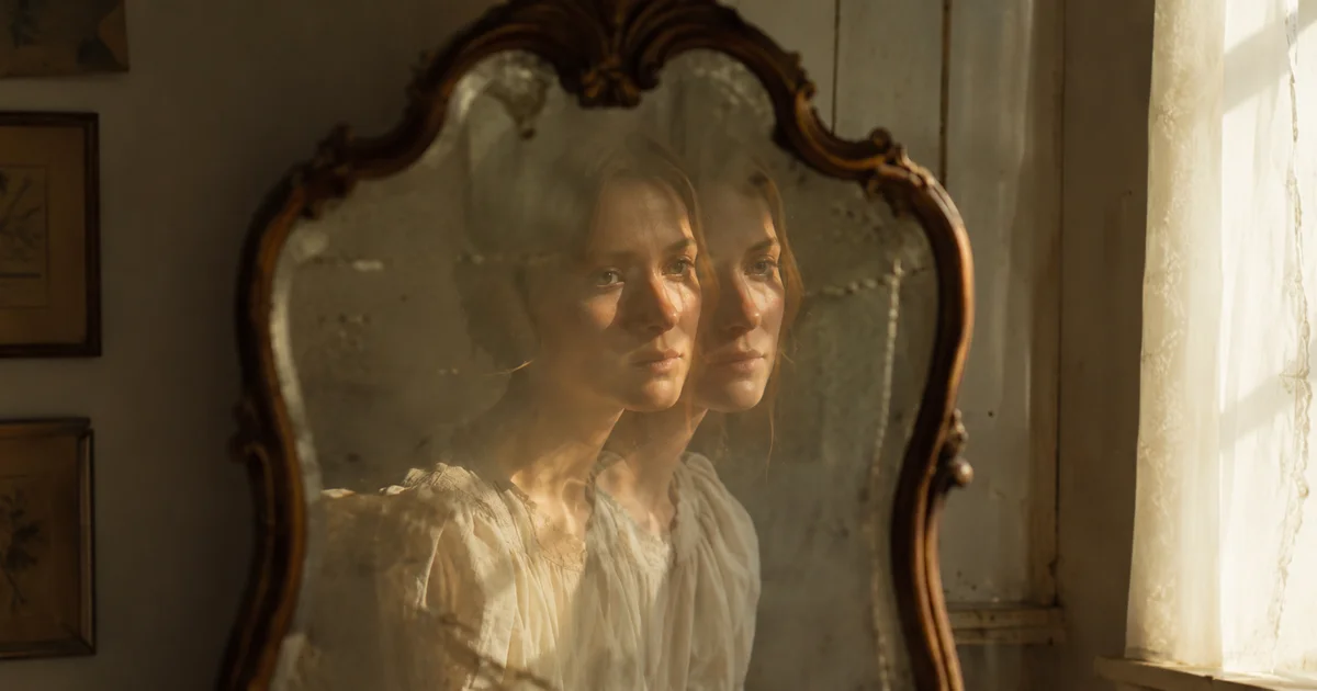 Two overlapping reflections in an antique mirror, slightly misaligned, soft window light