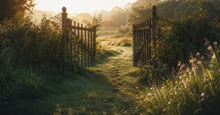 Garden gate left slightly open at the end of a path, footprints in morning dew