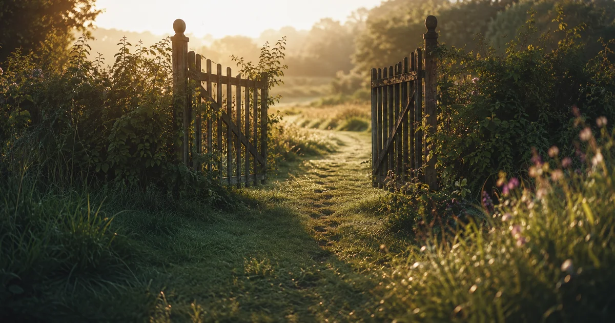 Garden gate left slightly open at the end of a path, footprints in morning dew