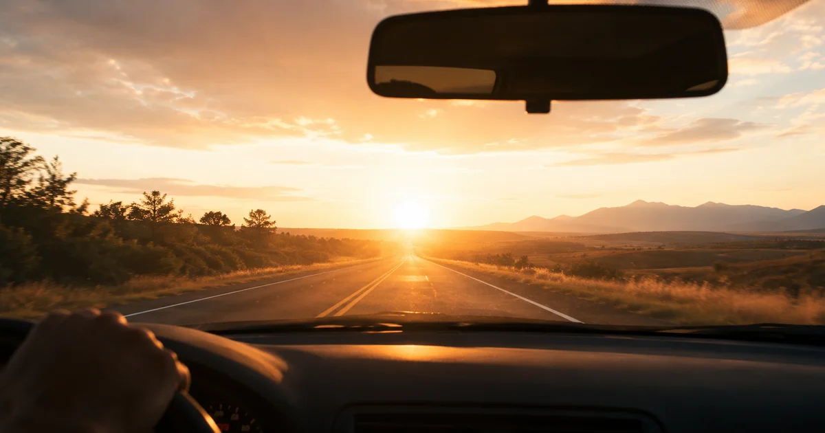 Sunrise through a windshield, road bathed in warm golden light, dashboard dim in foreground