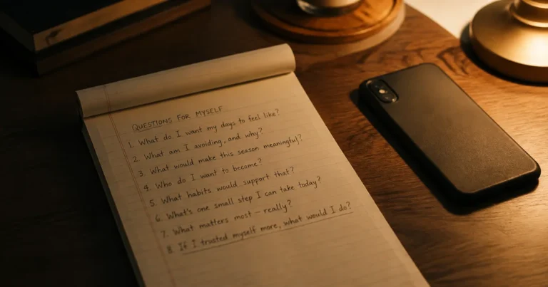 Handwritten list of questions on a notepad beside a phone lying face-down, warm lamp glow