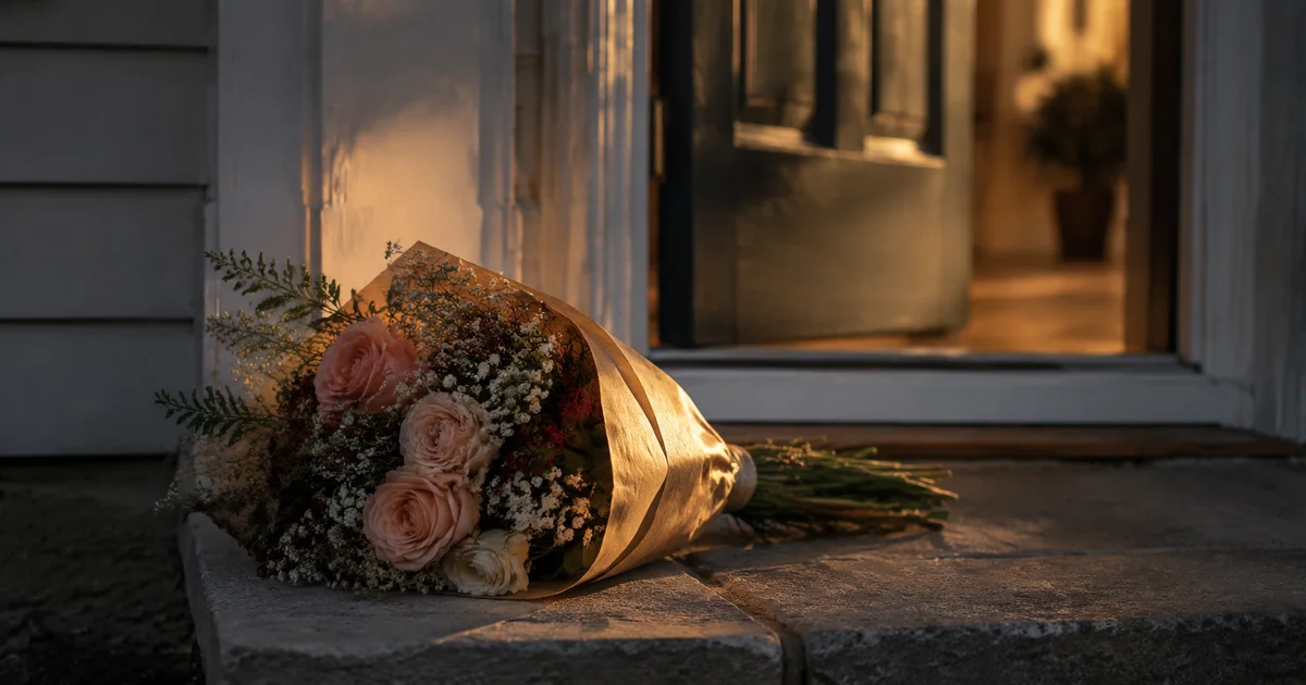 Bouquet of flowers left on a doorstep at dawn, door slightly open, no one in frame