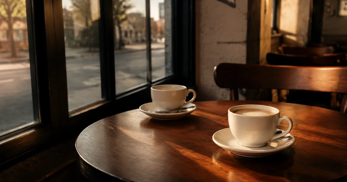 Two coffee cups on a café table, one untouched, morning light beside empty chairs