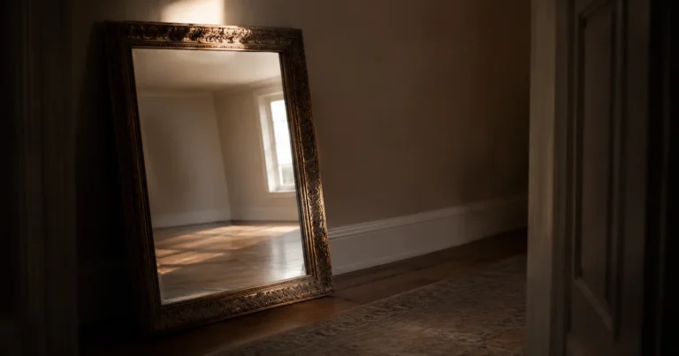Ornate mirror in a dim hallway catching a sliver of light, reflecting an empty room