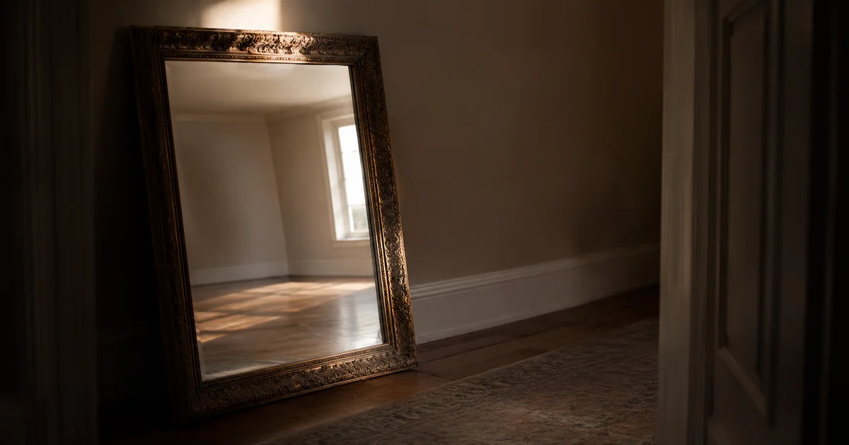 Ornate mirror in a dim hallway catching a sliver of light, reflecting an empty room