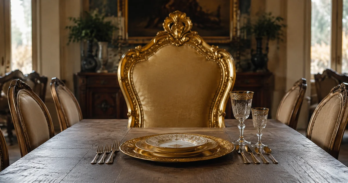 Oversized gilded place setting at the head of a plain table, empty chairs around it